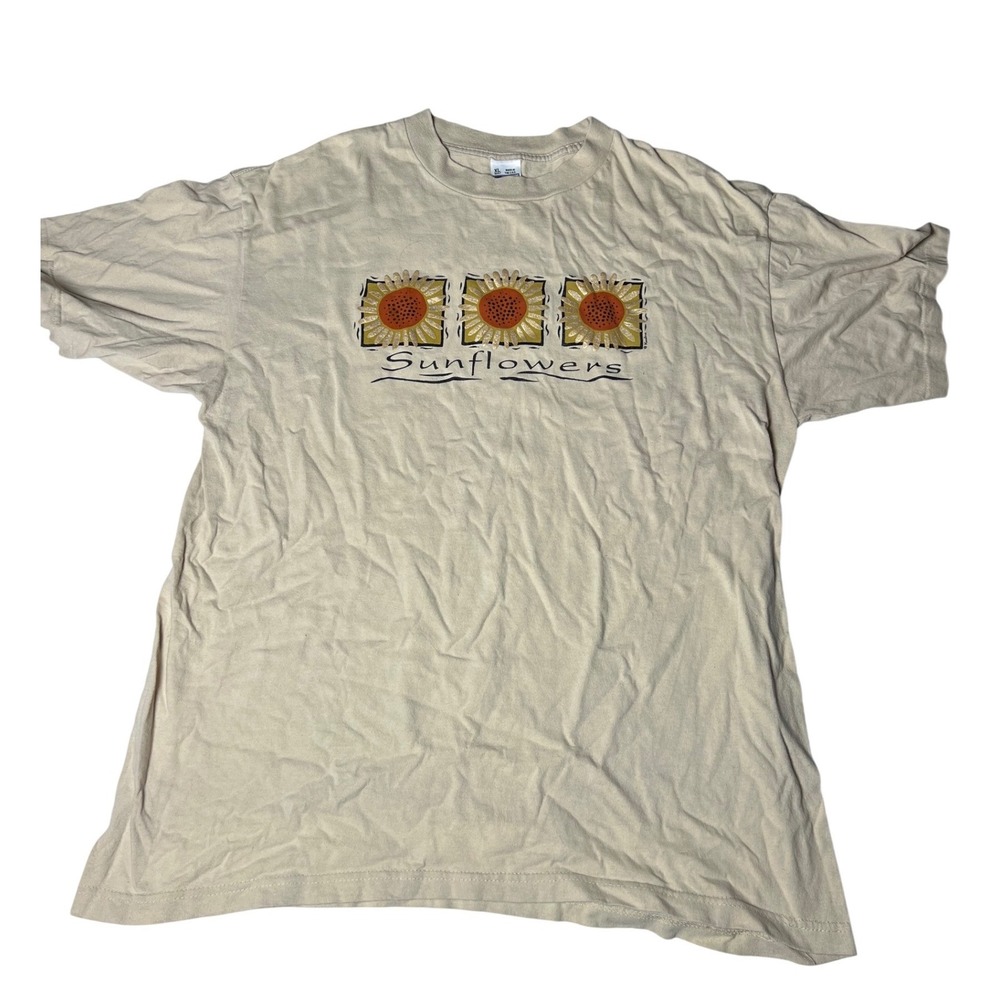 Vintage BASICSS Sunflowers Graphic T-Shirt Tan Beige‎ XL Made in USA 90s Cotton
